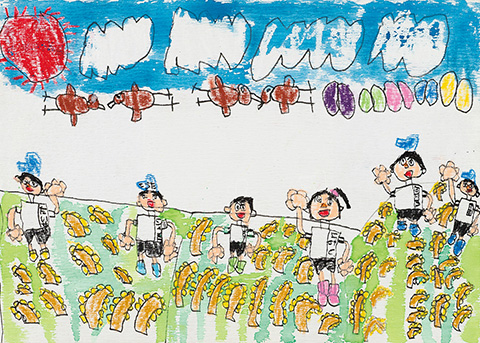 「みんなで稲刈り、たのしいな。」