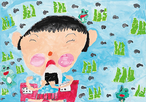 「たんぼでたべるおにぎりはおいしいよ」