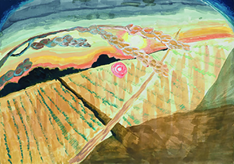 「稲刈りと夕焼け」