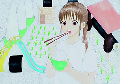 「お米に囲まれる　幸せな私」