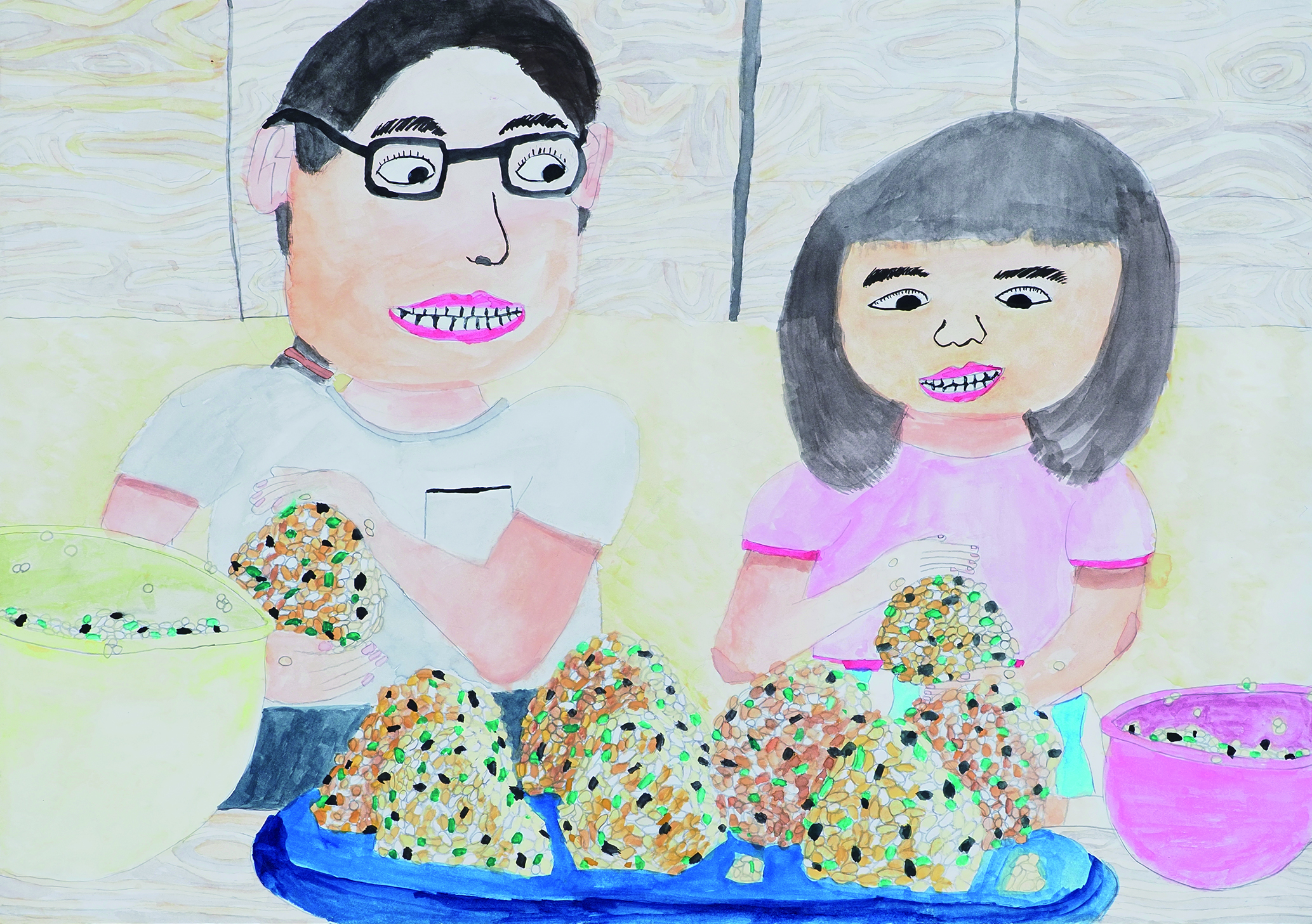 「妹とママがにぎったおにぎり」