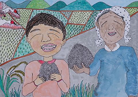 じいちゃん　ばあちゃん　おいしいお米を　ありがとう