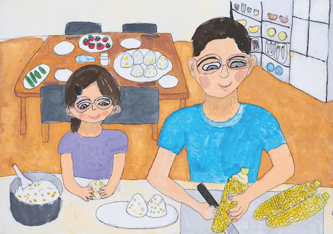 お兄ちゃんとつくったコーンおにぎり