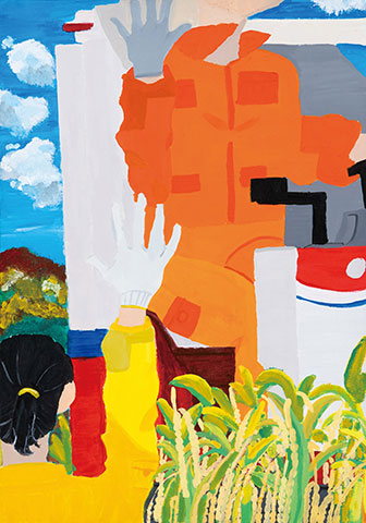 おじいちゃんと楽しく稲刈り